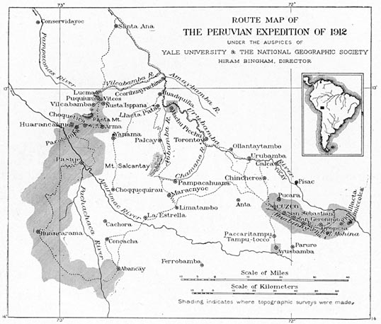 Hiram Bingham’s Map of his 1912 Explorations near Machu Picchu