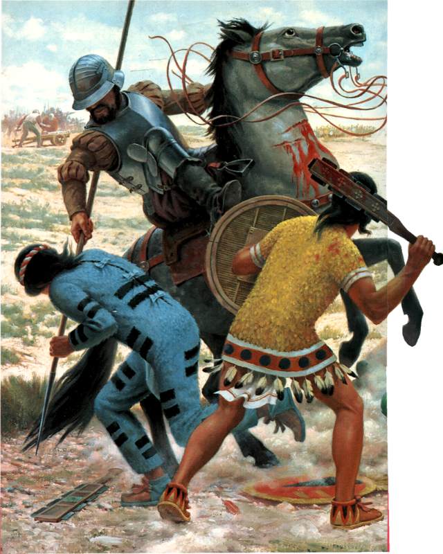 Spanish Conquistador with Steel Weapons and Horse Battling Incas with Stone Clubs