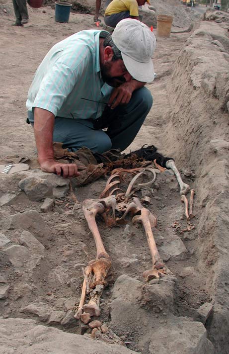 16th century Inca gravesite and skeleton in Lima, Peru