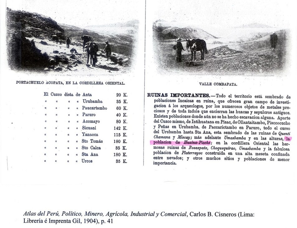 Atlas of Perú discussing the village of “Huiana-Piccho” (Huayna Picchu) in 1904