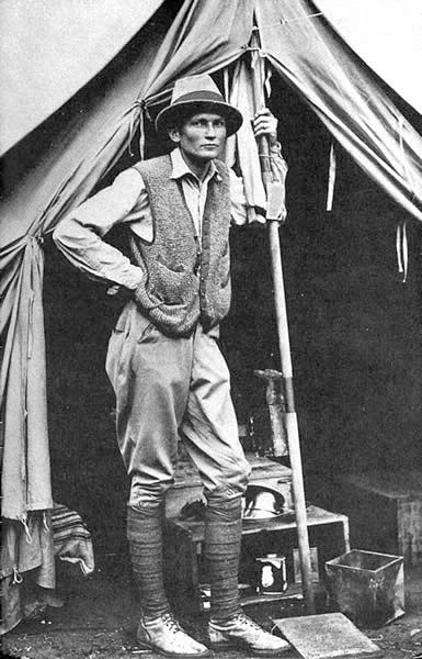 The American explorer, Hiram Bingham, before tent at Machu Picchu in 1912