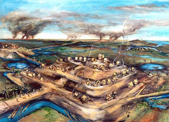 An artist’s conception of life on raised mounds amid the Llanos de Mojos, Bolivia, around the time of Christ