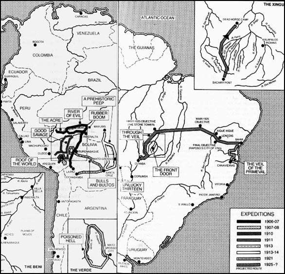 A map of Percy Harrison Fawcett’s various expeditions to South America