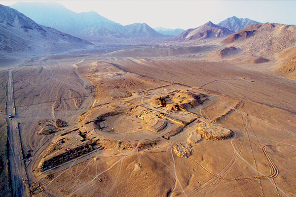 Aerial view of ruins of Caral, Peru