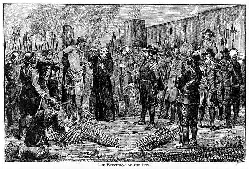A lithograph depicting the execution of the Inca emperor Atahualpa by the Spaniards in 1534 A.D.