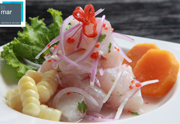 A plate of classically prepared ceviche--raw fish marinated in lemon juice at Gastón Acurio's La Mar restaurant in Lima